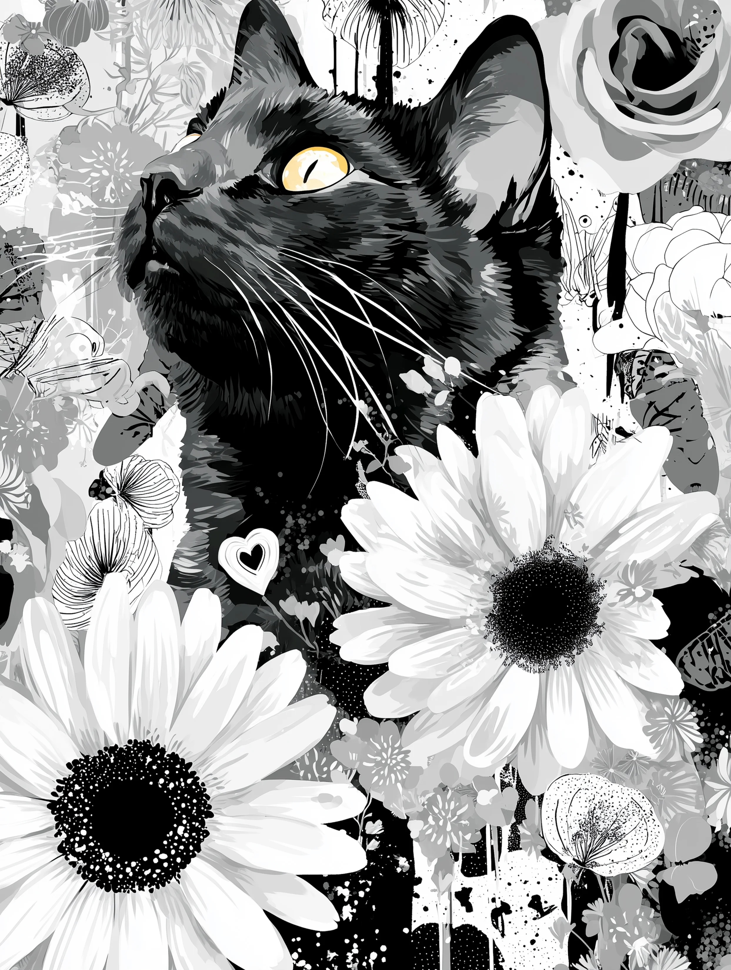 Free printable black cat coloring page for adults featuring large daisies next to a black cat
